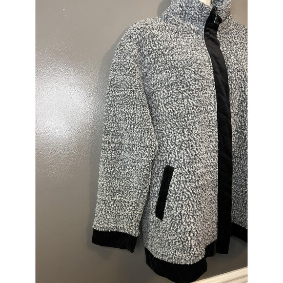 Euro Joy Jacket Womens Medium Gray Sherpa Fleece Full Zip Velvet Trim Boucle - Picture 2 of 9